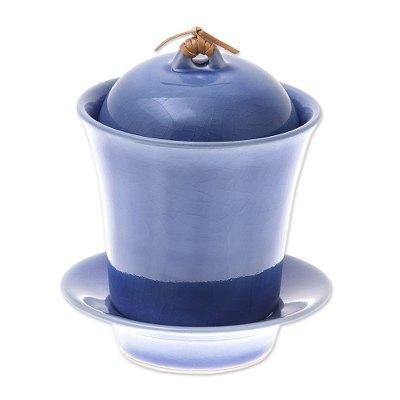 Cup of Comfort in Blue,'Handcrafted Blue Ceramic Soup Cup Set with Lid and Saucer'