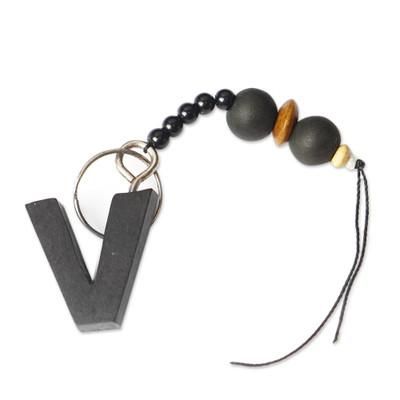 The Letter V,'Eco-Friendly Ebony Letter V Keychain with Wood Beads'