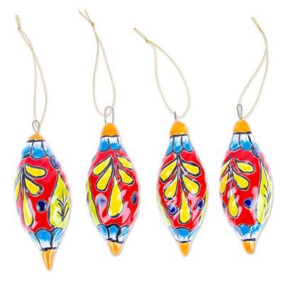 Scarlet Ambience,'Handcrafted Talavera Ceramic Ornaments in Scarlet (Set of 4)'