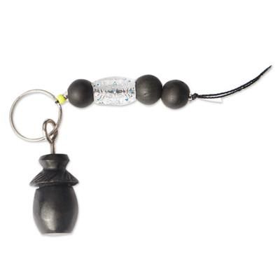 Hut,'Handmade Ebony Hut Keychain with Recycled Glass & Wood Beads'