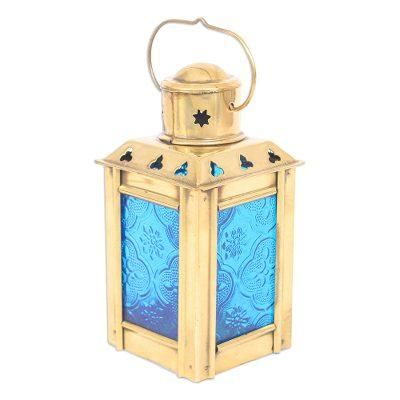 Lantern in Blue,'Blue Pressed Glass and Brass Tealight Lantern'