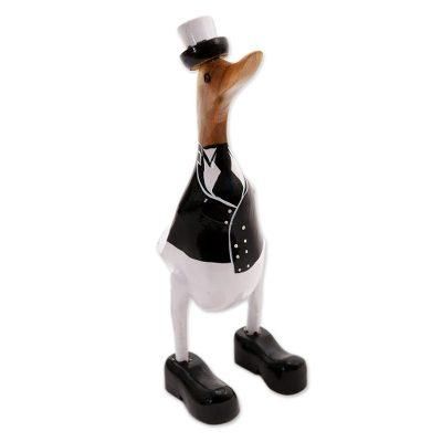 Captain Duck in Black,'Acacia Wood and Bamboo Root Duck Captain Sculpture from Bali'