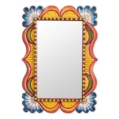 Azure Flowers,'Wood Framed Wall Mirror in Blue and Orange from Guatemala'
