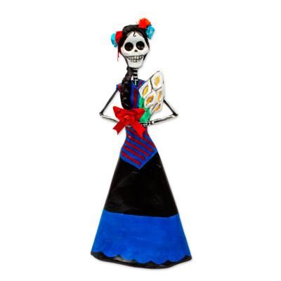 Catrina with Lilies,'Mexican Skeletal Catrina Papier Mache Statuette'