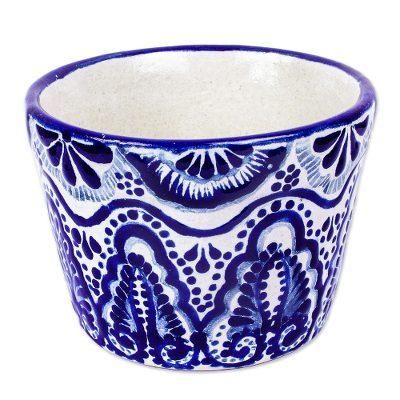 Cobalt Plume,'Handmade Talavera-Style Flower Pot'