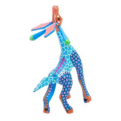 Stargazing Giraffe in Blue,'Wood Giraffe Alebrije Hand Painted in Blue and Ochre'