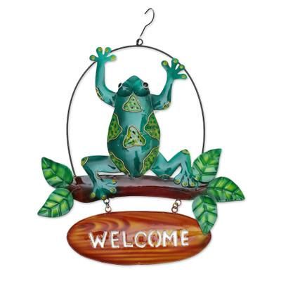 Frog's Realm,'Handcrafted Frog-Themed Iron Welcome Sign from Bali'