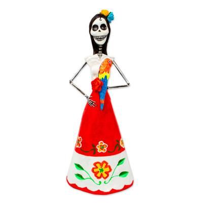 Catrina with Macaw,'Handmade Papier Mache Catrina Sculpture with Macaw'