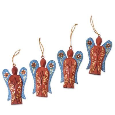 Festive Heaven,'Set of 4 Suar Wood Hand-Painted Angel Ornaments'