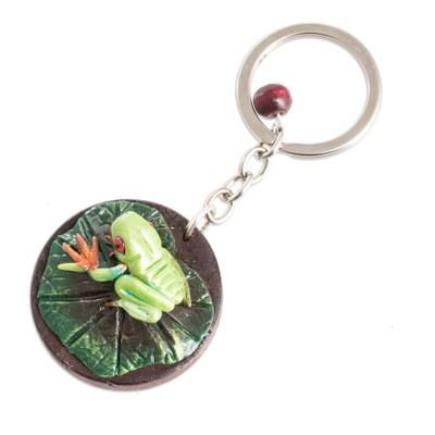 The Little Frog,'Handmade Painted Pinewood and Cold Porcelain Frog Keychain'