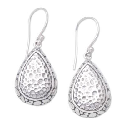 Luminous Teardrops,'Sterling Silver Dangle Earrings with Hammered Details'