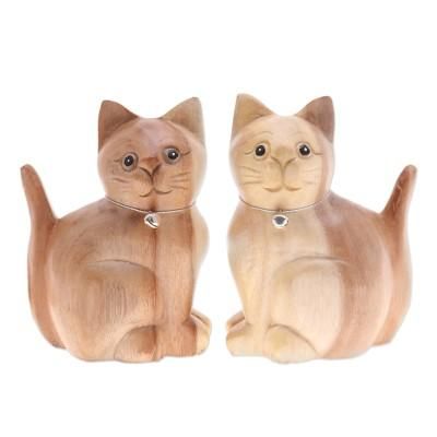 Rhythmic Meows,'Set of 2 Hand-Carved Feline Raintree Wood Figurines'