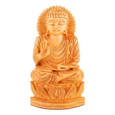 'Hand-Carved Kadam Wood Sculpture of Master Buddha'
