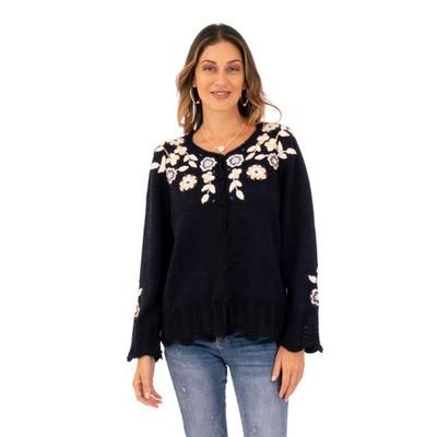 Garden Bloom,'Crocheted Alpaca Cotton Cardigan with Floral Hand Embroidery'