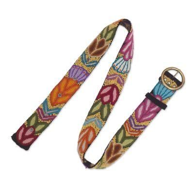 Inca Flowers,'Hand-Embroidered Floral Wool Belt from Peru'