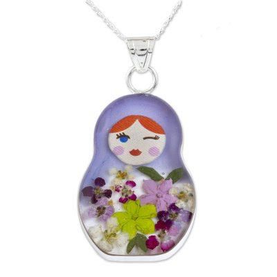 Blue Mexican Matryoshka,'Blue Matryoshka Doll Pendant Necklace with Natural Flowers'