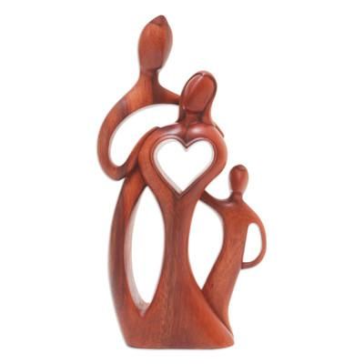 'Heart-Themed Family Suar Wood Sculpture Hand-Carved in Bali'