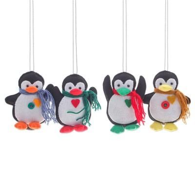 Festive Penguins,'Set of Four Colorful Felt and Acrylic Penguin Ornaments'