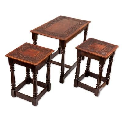 Regal Era,'Set of 3 Handmade Classic Tornillo Wood and Leather Tables'