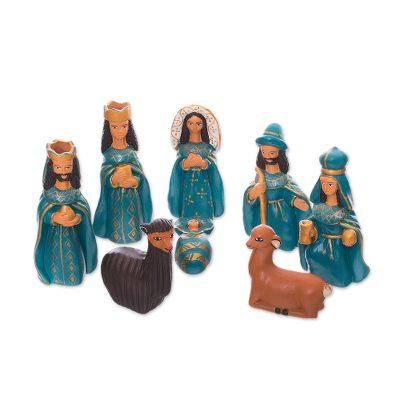 Arrival of Jesus,'Handcrafted Ceramic Nativity Scene in Blue (Set of 8)'