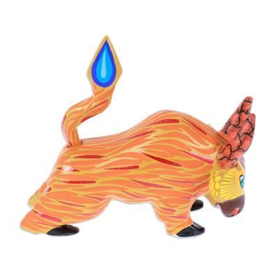 'Hand-Painted Orange and Red Flaming Alebrije Bull Figurine'