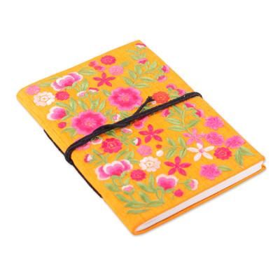 'Floral Pink and Saffron Rayon-Embroidered Journal from India'