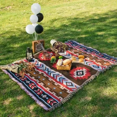 Couvertures en lin tribal, tapis d'extérieur indien, couverture de pique-nique de camping, couvertures de lit décoratives Boho, tapis de canapé à carreaux, lea glands de voyage