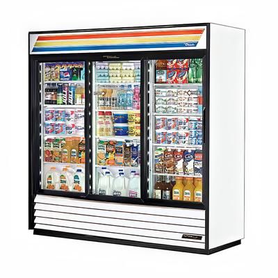 True GDM-69-HC-LD WHT 78 1/8" GDM Series 3 Section Glass Door Merchandiser - 3 Sliding Doors, White & Black, 115v, LED Lighting | True Refrigeration