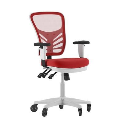 Flash Furniture HL-0001-WH-RED-RLB-GG Swivel Office Chair w/ Mid Back & Roller Wheels - Red Mesh Back & Seat, White Base, Adjustable Arms