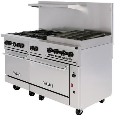 Vulcan 60SC-6B24CBN 60" 6 Burner Commercial Gas Range w/ Charbroiler, 1 Standard Oven & 1 Convection Oven, Natural Gas, Convection & Standard Ovens, 60" Width, Stainless Steel, Gas Type: NG
