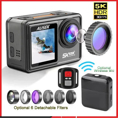 AUSEK S81TRW Action Camera 5K 4K60FPS 48MP DVR EIS With Optional Filters 5X Zoom 1080P Webcam Vlog Wi-Fi Sports Cam With Remote