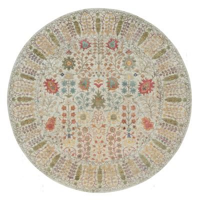 Shahbanu Rugs Linen Beige, Textured Wool and Silk, Directional Vase Design, Hand Knotted, Oriental Round Rug (12'x12')
