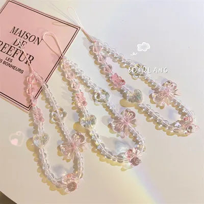 Korean Pink Bear Butterfly Flower Phone Chain Trendy Pendant For iPhone Samsung Universal Accessories Cute Phone Hanging Rope