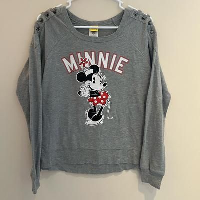 Disney Tops | Disney Minnie Mouse Grey Long Sleeve With Laced Up Shoulders | Color: Gray/Red | Size: S