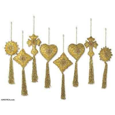 'Golden Splendor' (set of 8) - Golden Fair Trade Hand Beaded Ornaments