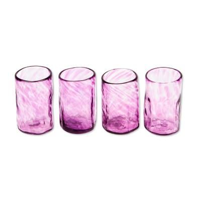 Lilac Mist,'Set of 4 Purple Blown Glass Mezcal Shot Glasses from Mexico'