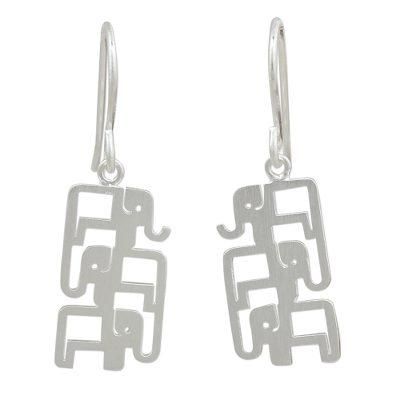 'Brushed Sterling Silver Three-Elephant Dangle Earrings'