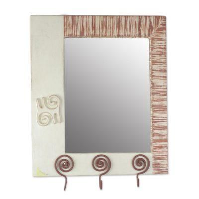 Adinkra Reflections,'Adinkra Motif Wood Wall Mirror with Three Accessory Hooks'