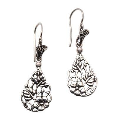 Garden Teardrops,'Floral Teardrop Sterling Silver Dangle Earrings from Bali'