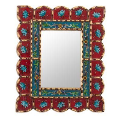 Cusco Blossoms in Red,'Red and Blue Reverse-Painted Glass Mirror'