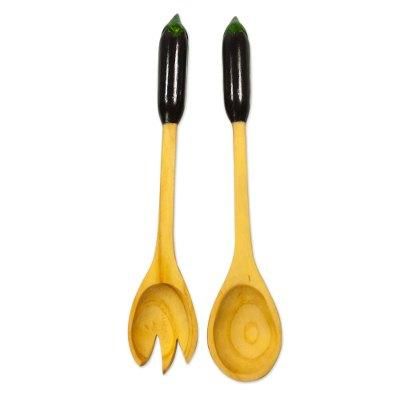 Wood salad serving set, 'Eggplant' (pair)
