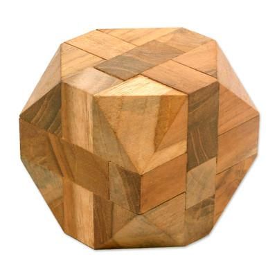Truncated Cube,'Natural Teak Wood Block Puzzle Handmade in Java'