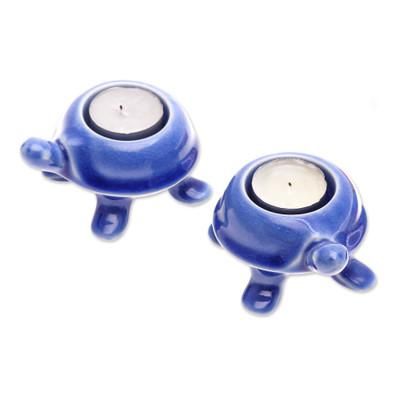 Blue Guide,'Handmade Turtle Ceramic Candleholders in a Blue Hue (Pair)'