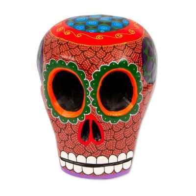 Death and Folklore,'Mexican Hand Painted Terracotta Hue Wooden Skull Figurine'