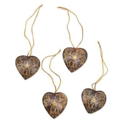With Our Hearts,'Set of 4 Handmade Brown Coconut Shell Heart Ornaments'