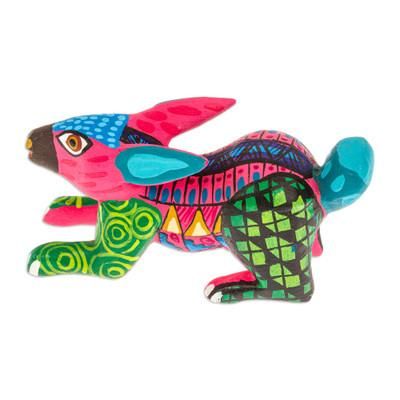 'Hand-Painted Copal Wood Alebrije Rabbit Figurine in Carmine'