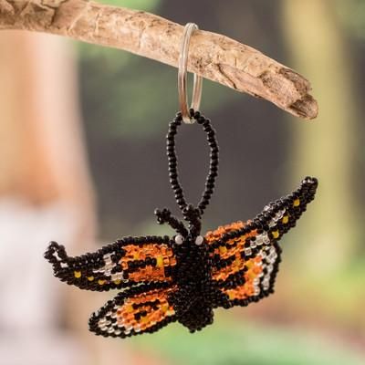 Fluttering Hopes,'Handcrafted Black and Orange Glass Beaded Butterfly Keychain'