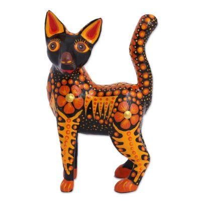 Fiery Cat,'Wood Alebrije Cat Figurine in Orange from Mexico'