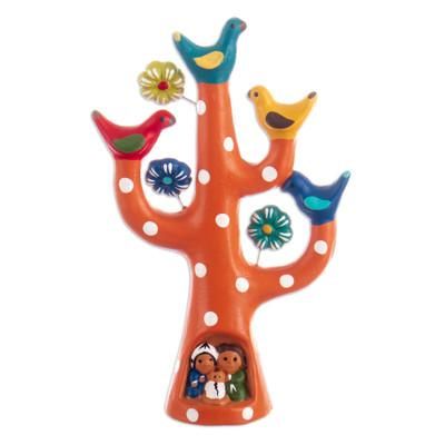 'Hand-Painted Tree-Shaped Floral Ceramic Sculpture in Orange'