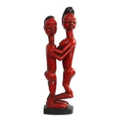 Red Lovers,'Romantic Sese Wood Sculpture in Red from Ghana'